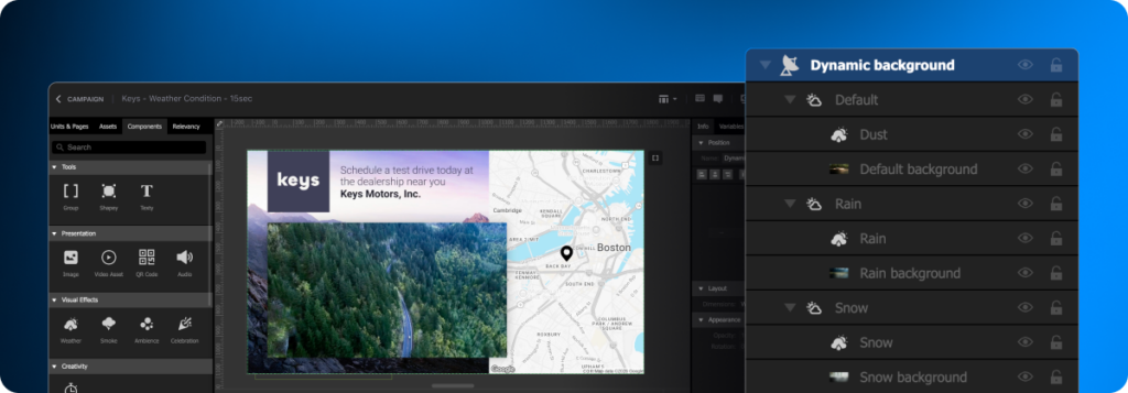 Celtra Creative Automation platform interface showcasing the programmatic ad creation workflow with "Dynamic background" asset layers for weather-triggered CTV ads including Default, Rain, and Snow.